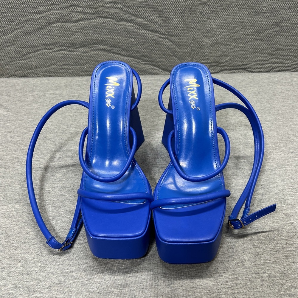 Mixx Shuz Platforms Blue Satin Heels Shoe  Women's Size 8.5 Ankle Wrap Straps - Picture 6 of 14
